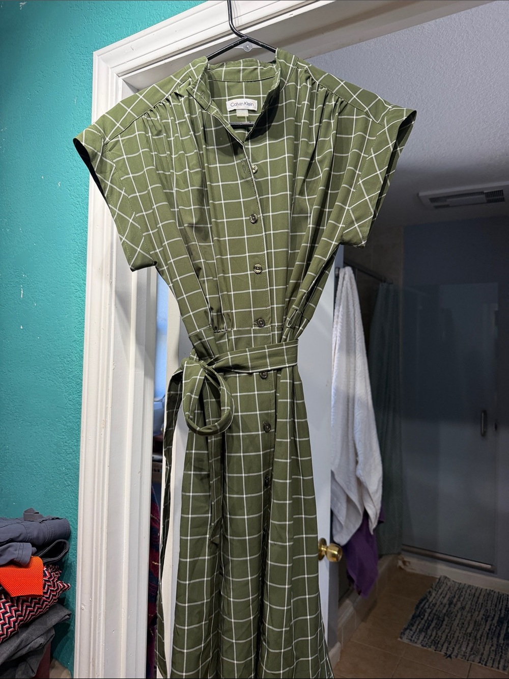 Calvin Klein Olive Green Windowpane Belted Midi Dress